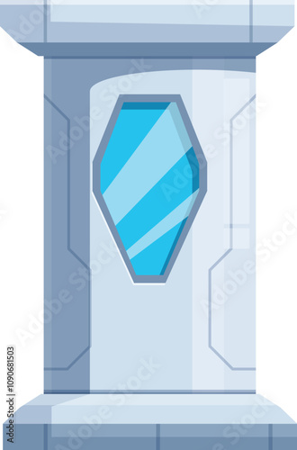 Futuristic checkpoint granting access to modern building featuring blue window, ideal for architectural visualization