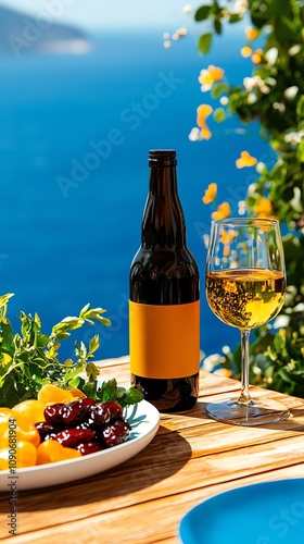 Algerian makroud with dates, Mediterranean coast with whitewashed buildings photo