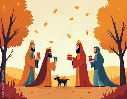 a cartoon illustration of three kings holding and offering gifts each other with a sheep on it