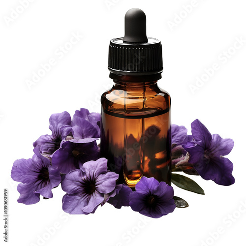 Essential Oil Bottle with Purple Flowers – Aromatherapy and Natural Skincare Concept