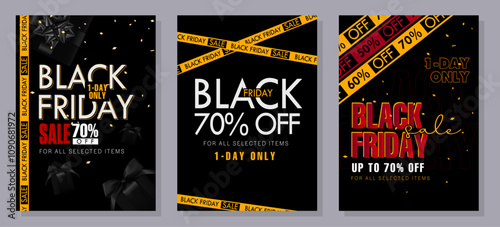 Black Friday banner template. Set of design templates for a Black Friday sale, promotion, advertising, or social media ad with a red balloon, stars, and a discount offer.
