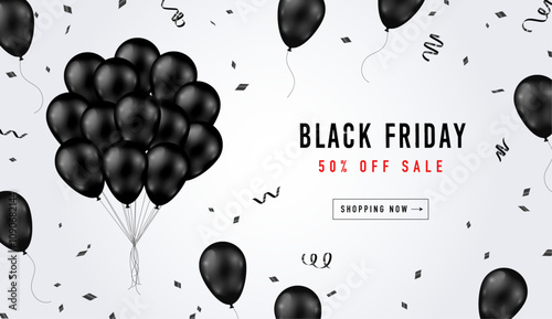 Black Friday banner template. Set of design templates for a Black Friday sale, promotion, advertising, or social media ad with a red balloon, stars, and a discount offer.
