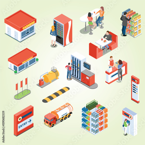 Infrastructure of gas station and services for clients isometric icons isolated vector illustration