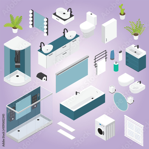 Bathroom colored isometric objects set with furniture and elements needed for repair