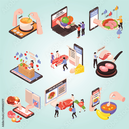 Learning cooking online isometric set with menu recipes lessons blogs tutorials on tablet mobile screen vector illustration