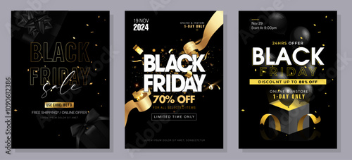 Black Friday banner template. Set of design templates for a Black Friday sale, promotion, advertising, or social media ad with a red balloon, stars, and a discount offer.
