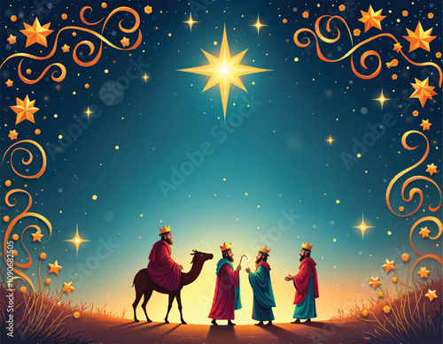 a vector poster for epiphany with the three wise men and a king on a desert with swirls and stars