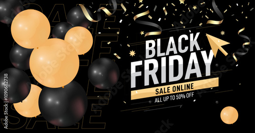 Black Friday banner template. Set of design templates for a Black Friday sale, promotion, advertising, or social media ad with a red balloon, stars, and a discount offer.

