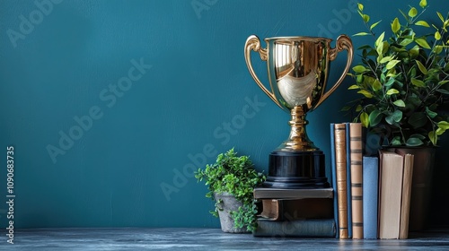 Celebrating achievement golden trophy against a blue background still life home surrealism photo