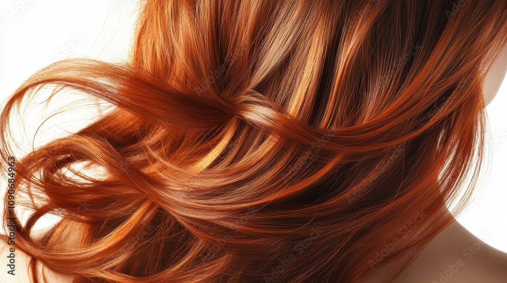 Naklejka premium Beautiful model girl with orange hair strand,silky healthy chestnut wavy hair strand,hair wavy ribbon, with smooth,Keratin straightening,Treatment,straight long hair,procedures,Smooth hairstyle.