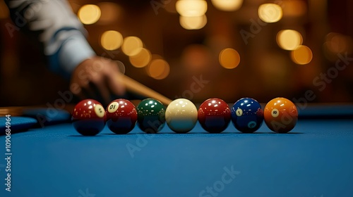 Player prepares to shoot billiard balls on a pool table photo