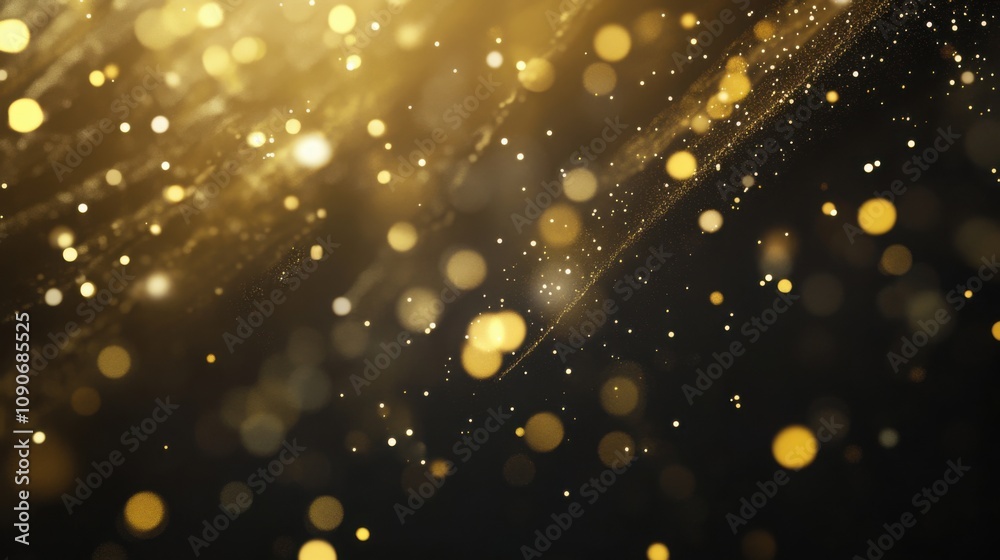 Obraz premium An abstract image featuring a glowing background with shimmering golden particles floating against a dark backdrop, creating a festive atmosphere.