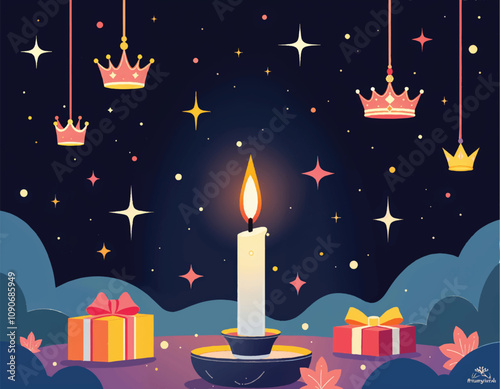 an epiphany card with a candle and a bunch of stars and crows with gift boxes in the background