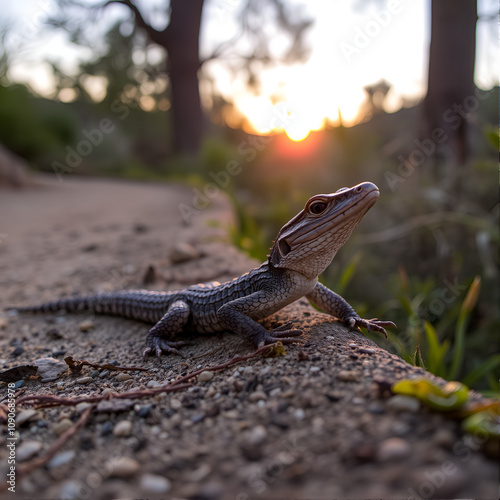 California Alligator Lizard warming on a trail after sundown. Stevens Creek County Park, Santa Clara and County, California, USA. photo