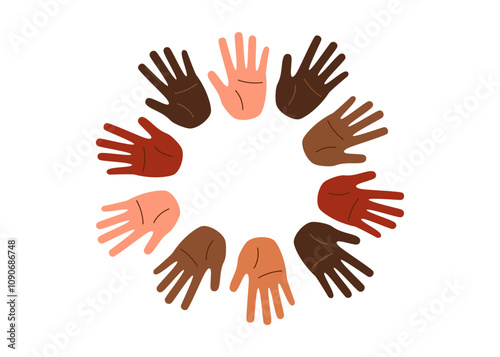  Set of human palms with different skin tones in a circle . Concept of racial diversity. Concept of multiracial friendship, inclusivity, equality.