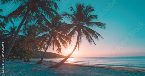 Serene beach sunset with tall palms and calm ocean waves