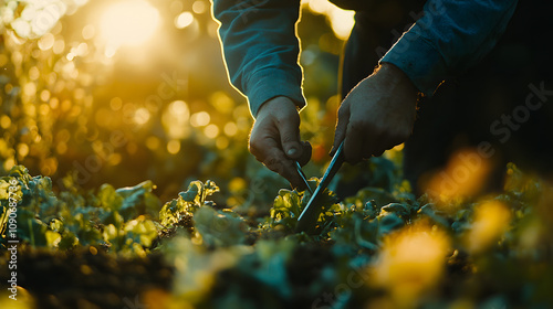 A Biodynamic Farmer Engaging in the Harvesting Process of Vegetables With Unique Tools in a Vibrant Garden Teeming with Life photo