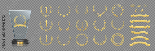 Glass award trophy vector set. Collection of 3d realistic crystal mockup prize for winner with number 1, different gold laurel wreath, ribbons and crowns on transparent background.