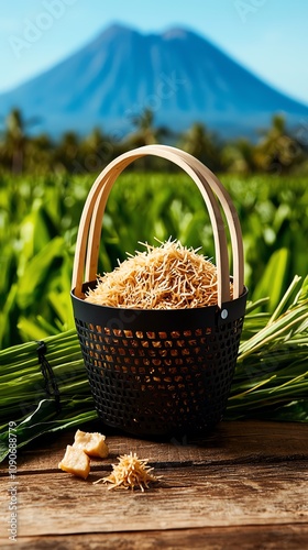 Indonesian getuk with cassava, lush green rice fields and volcanic mountains photo