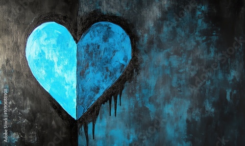 Blue heart painting on dark wall, vibrant blue heart shape against textured black background, artistic expression of love and emotion photo