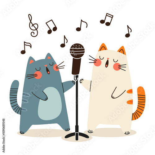 Two cats sing a duet into a microphone.