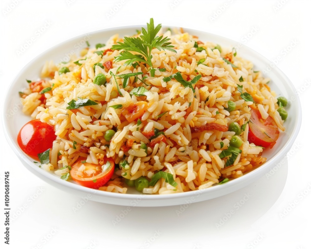 A vibrant bowl of flavorful rice dish with tomatoes, peas, and herbs garnished elegantly. A vibrant bowl of flavorful rice dish with tomatoes, peas, and herbs garnished elegantly.