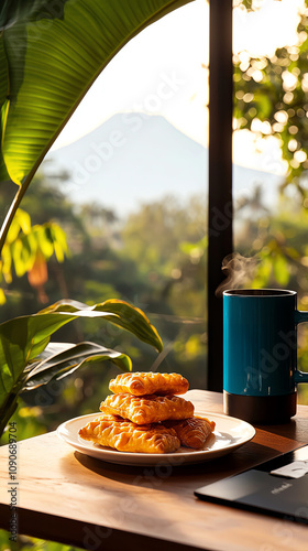 Kenyan mandazi with coconut, sweeping savannah with Mount Kilimanjaro in distance photo