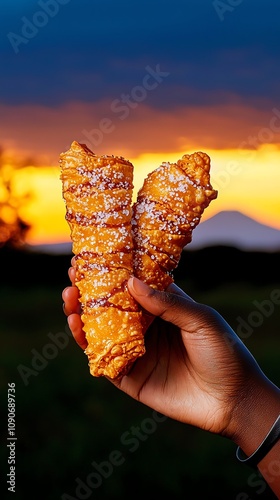 Kenyan mandazi with sugar, African savannah with Mount Kilimanjaro in view photo