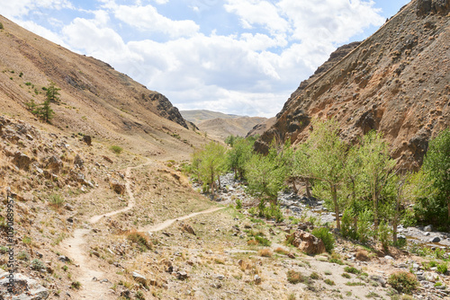 Mountain Altai hiking route. Colored mountains, tourist destination.