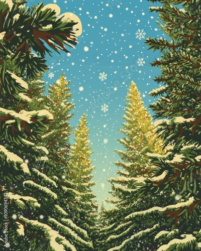 Snowy pine trees under a clear blue sky with falling snowflakes, creating a serene and festive winter scene