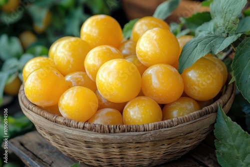 Fresh mirabelle plums in woven basket with bright yellow skin and green leaves for natural food concept