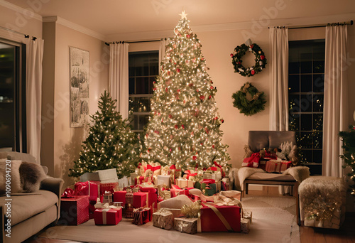 A Christmas tree decorated with beautiful lights and lots of gifts around it is placed indoors in the house as a Christmas celebration.