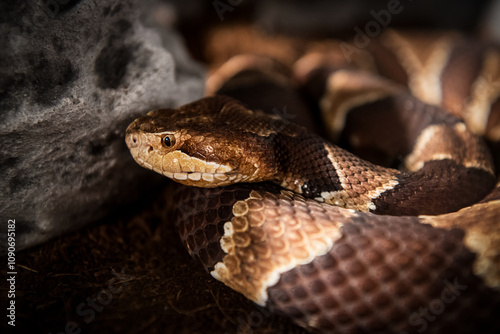 A Copperhead Viper Snake (Agkistrodon contortrix) in captivity. Agkistrodon contortrix is a species of venomous snake endemic to Eastern North America, a member of the subfamily Crotalinae. photo