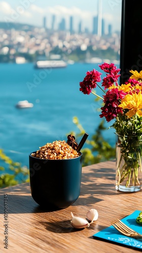 Turkish kazandibi with caramelized milk, Bosphorus Strait with views of Istanbul photo