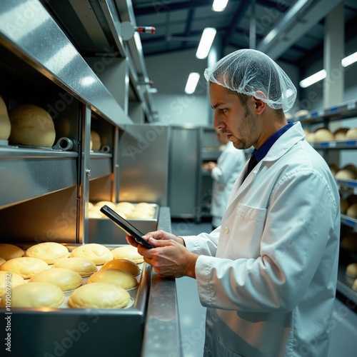 Hispanic young male baker checking bread quality in industrial kitchen photo