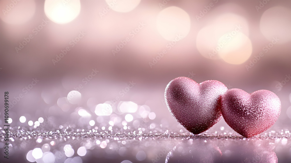 Fototapeta premium Two Sparkling Pink Hearts Resting on a Glittering Surface with a Blurred Background of Bokeh Lights