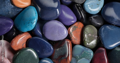 Vibrant polished gemstones collection with colorful reflections and glossy texture