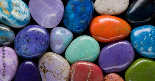 Vibrant polished gemstones collection with colorful reflections and glossy texture