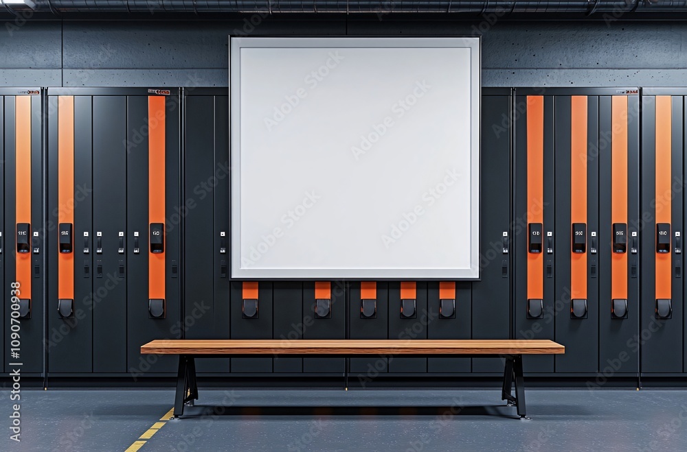 Obraz premium Empty locker room with bench and blank frame. Generative ai