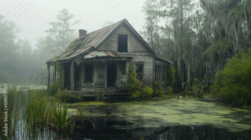 Vintage wooden house in swamp, overgrown moss and vines, eerie and mysterious, foggy background, Southern Gothic