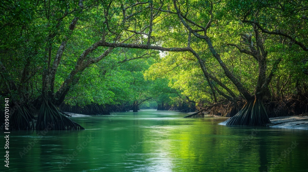 Obraz premium Flowing river through lush forest, natural beauty, green trees and water, calm and peaceful, bright daylight, outdoor tranquility