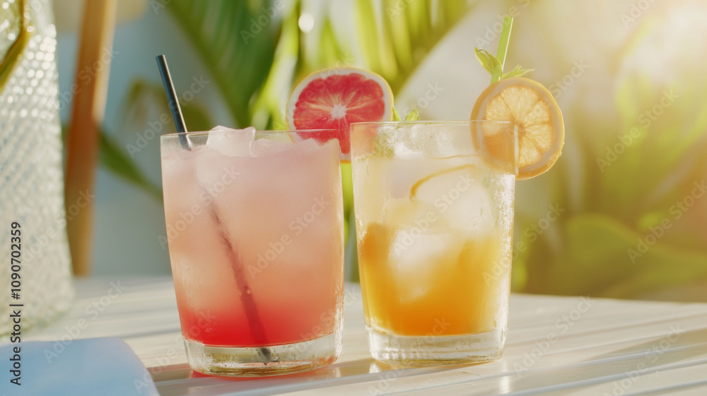 Fototapeta premium Refreshing summer cocktails on table with greens and fruits, tropical vacations vibes background, copy space