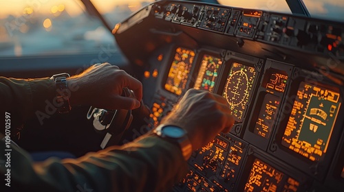 Pilots Hands On Airplane Controls During Sunset Flight photo