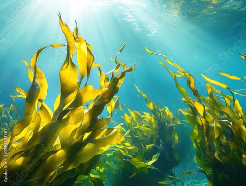 Kelp floating in water, symbolizing health benefits and sustainable marine nutrition photo