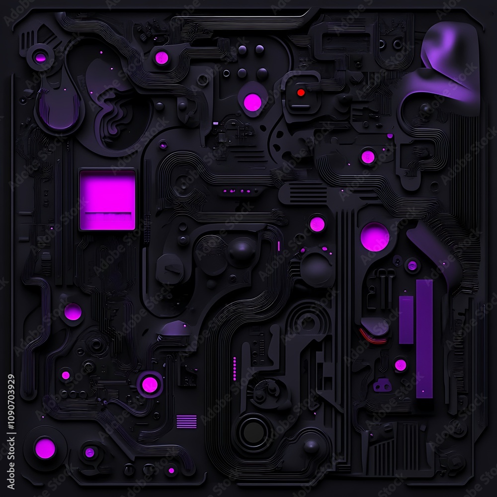 Obraz premium Abstract Digital Art with Geometric Shapes and Neon Accents in Dark Background, Perfect for Technology and Futuristic Concepts