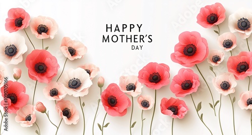 Happy Mother's Day greeting card with pink and red poppies. Generative ai