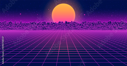 Synthwave futuristic landscape. 80s retro neon concept. Vector illustration.