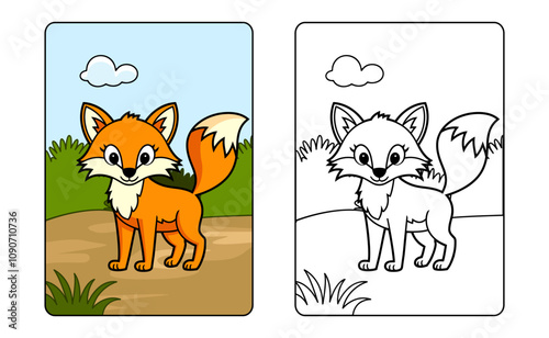 Cute fox wolf cartoon character line art for kids coloring page book vector illustration