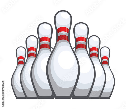 classic simple cartoon ten pin tenpin bowling pins group set up in formation low view icon vector isolated on transparent background