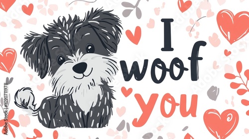 Illustration featuring a playful phrase with hearts expressing love with the wording I woof you in a valentine theme photo